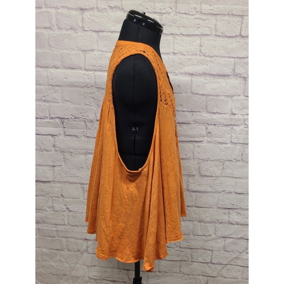 Free People Orange Crochet Lace V Neck Button Front Sleeveless Tunic Top XL NWT - Picture 2 of 11